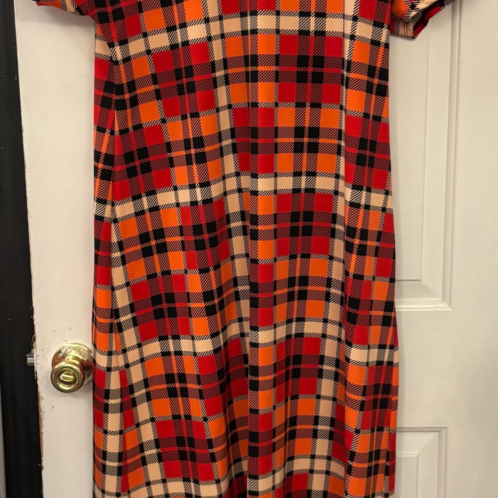 LuLaRoe Plaid Dress in Red, Orange & Cream with Black Accents
